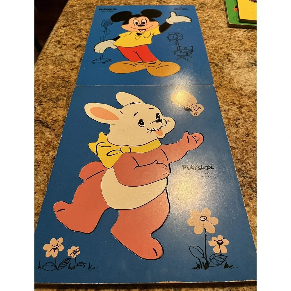 VTG Playskool Wooden Puzzles Mickey Mouse & Peter Rabbit 1970's Young Child